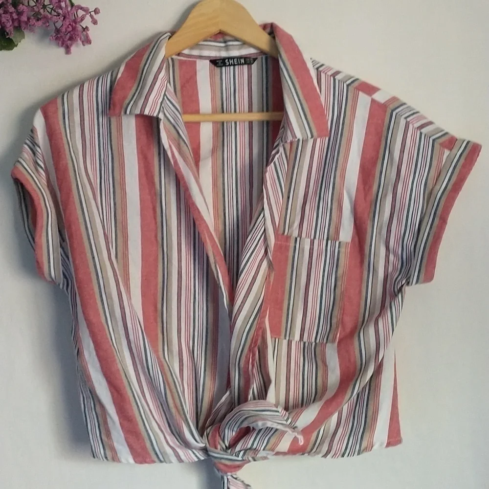 SHEIN Striped Crop Cottagecore Grunge Fairycore Blouse Tie Waist Size XSmall - Picture 2 of 3